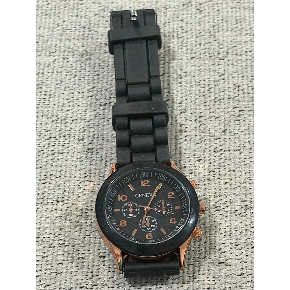 Geneva Watch Black Silicone Band‎ Gold Accents Women's Fashion Wristwatch